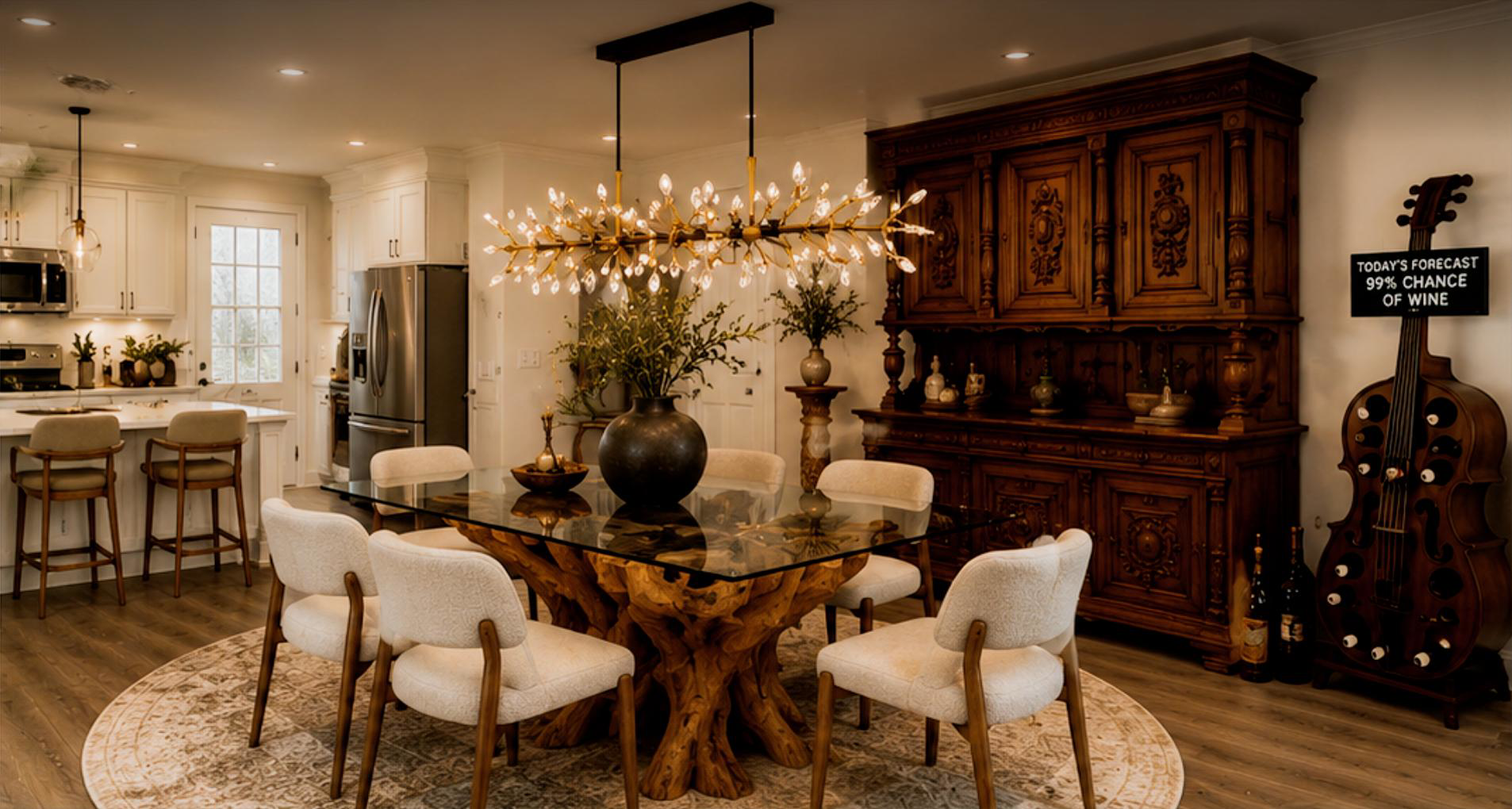 Elegant dining room with a live-edge wood table, glass top, and branching chandelier